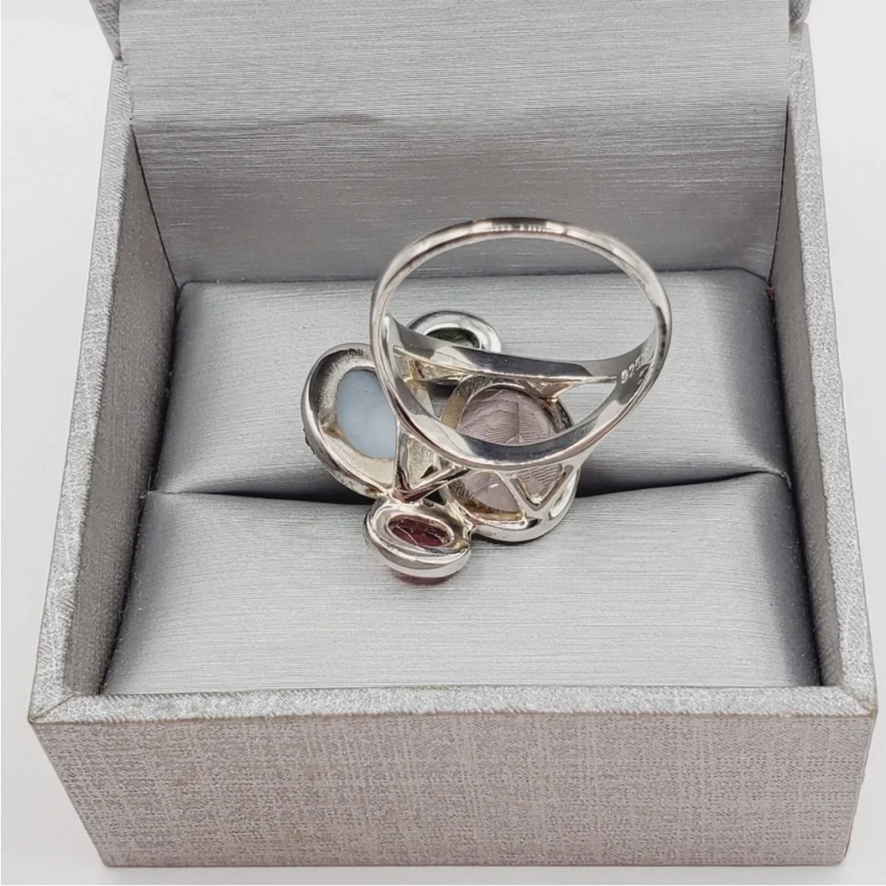 925 Sterling Silver Pink & Green Tourmaline - Pink & Druzy Quartz Statement Ring - Picture 2 of 8